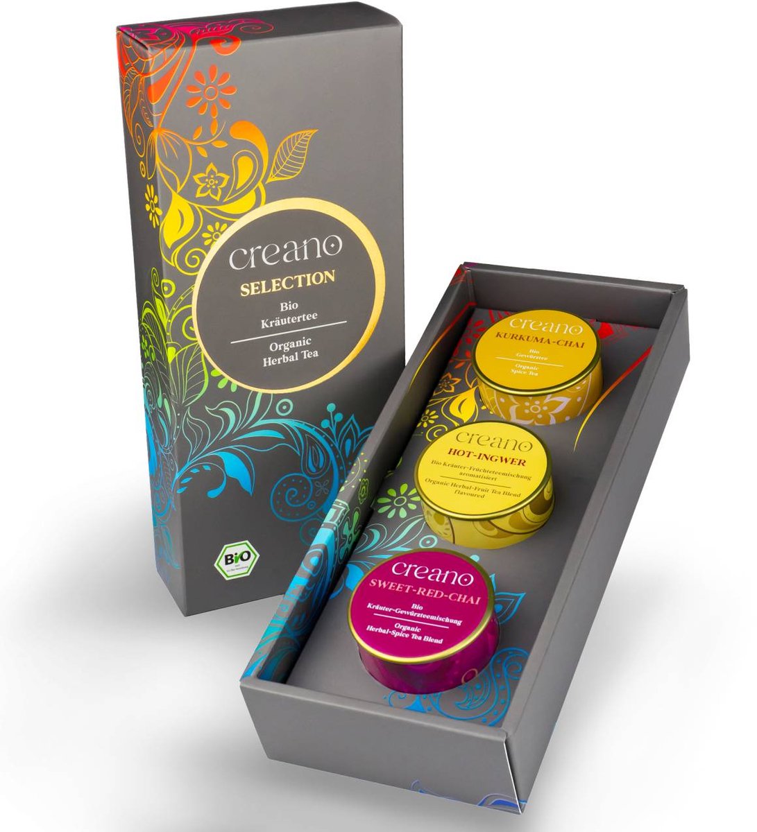 Blikje 3 grof gesneden biologische kruidenthee “Spicy” theemix Creano (kurkuma chai, hete gember, zoete rode chai) *²