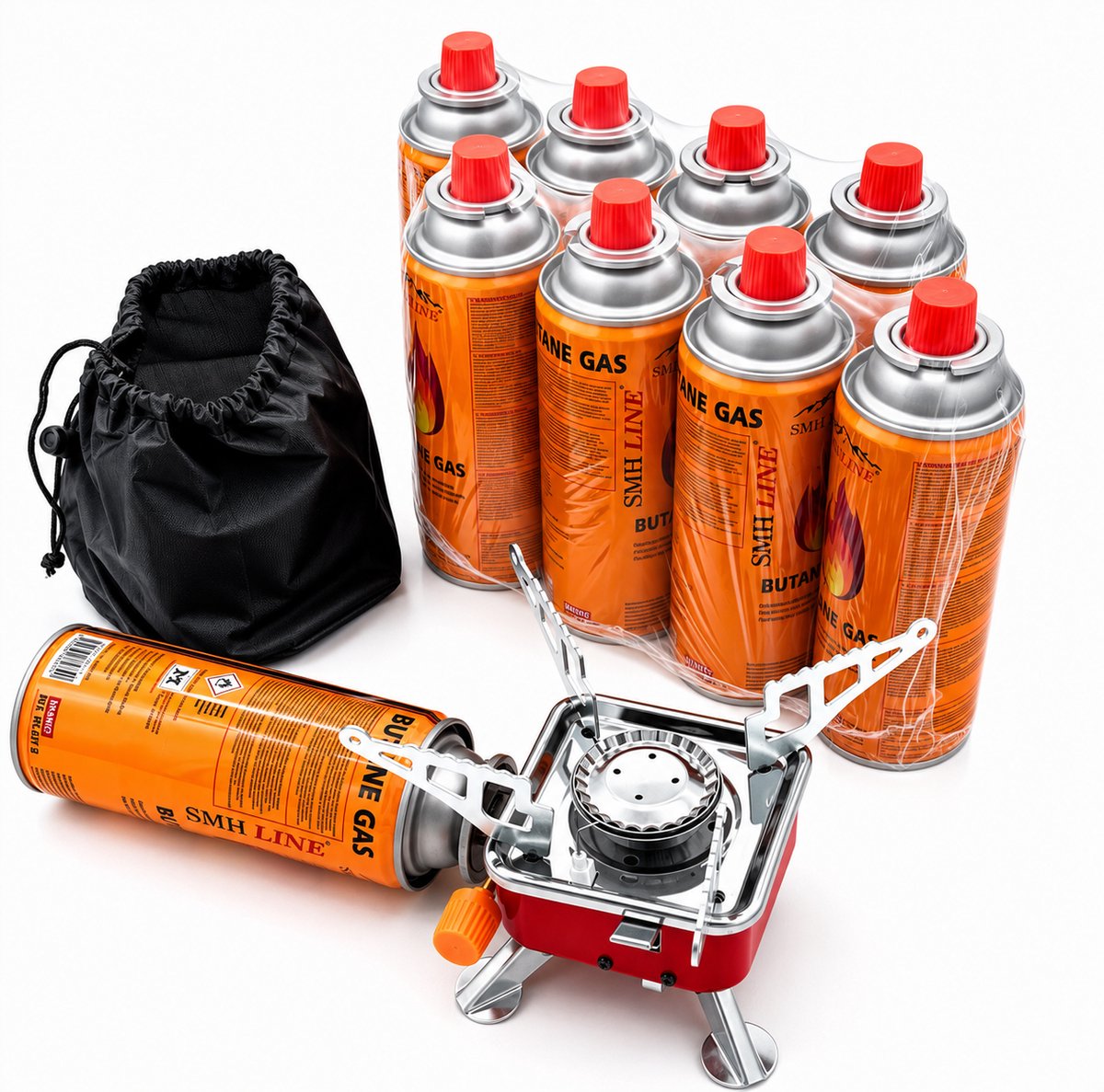 SMH LINE® Mini Camping kooktoestel - Gasbrander - Opvouwbaar - Incl. 2x gasflessen