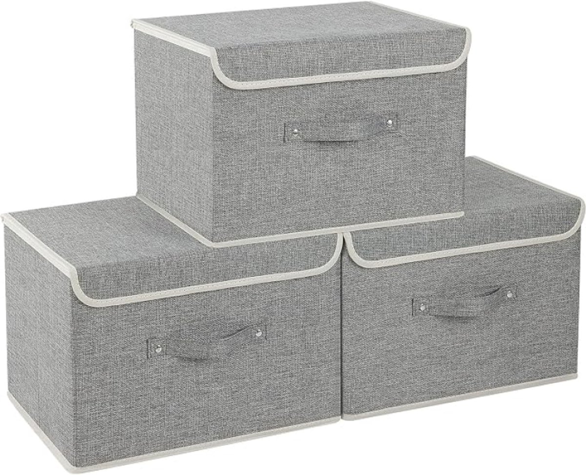 3 opbergmanden met deksel, opvouwbare opbergboxen van vliesstof met handgreep, 38x25x25 cm, grijs