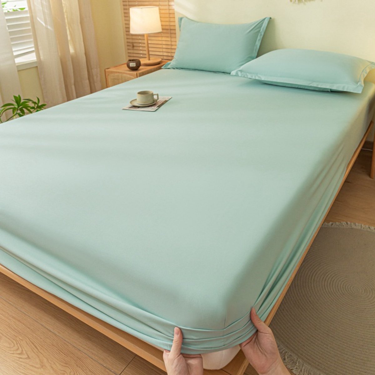 Hoeslaken, dekbedovertrek, effen katoenen sprei, matrashoes (1 stuk)-Aqua groen-90*200cm