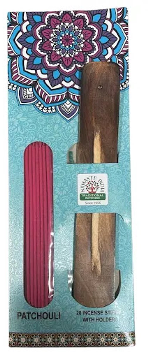 Namaste India Wierookhouder met 20 Wierookstokjes – Stabiele Designer Patchouli Wierookset voor Ontspanning, Meditatie en Aromatherapie Met Kajal Sticker