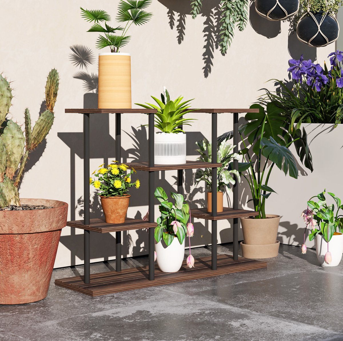 REDOM - Plantenstandaard - Vierlaagse open etagère - Stalen frame met vurenhouten planken - Ruimtebesparend - Woonkamer balkon tuin - Antraciet - 80 x 24 x 61,5 cm