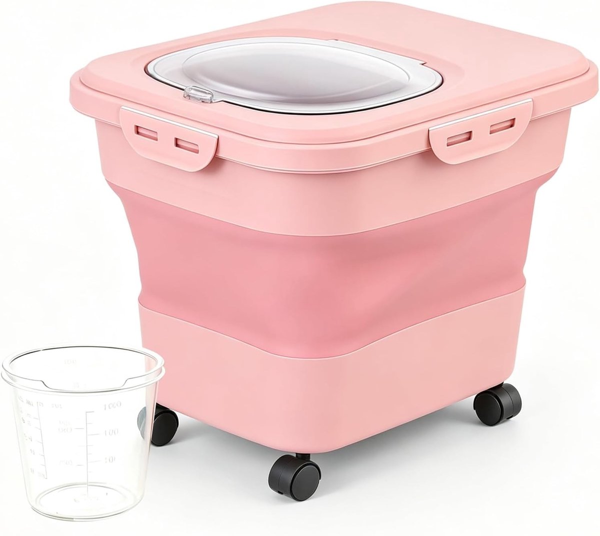 Opvouwbare rijstcontainer met wieltjes en maatbeker, luchtdicht en BPA-vrij voor rijst, meel en dierenvoer, 9-12,7 kg capaciteit