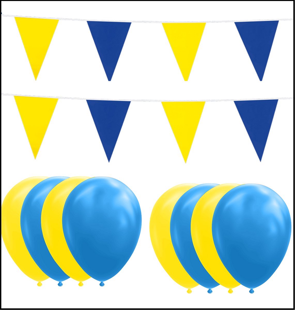 2x Vlaggenlijn blauw/geel 10 meter + 20 ballonnen blauw/geel - Versiering Slinger Feestdecoratie Decoratie