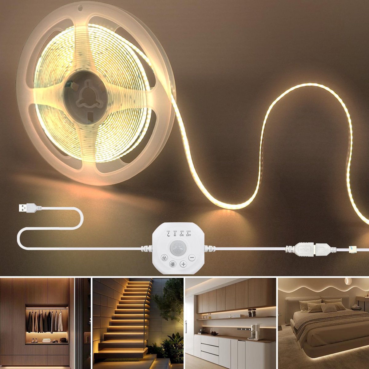 Clearhill COB LED-strips USB 5V met Bewegingsdetector en Afstandsbediening, 16,4 ft/5m, Warm Wit 3000K, Breedte 8mm, 2 - ShopVlot