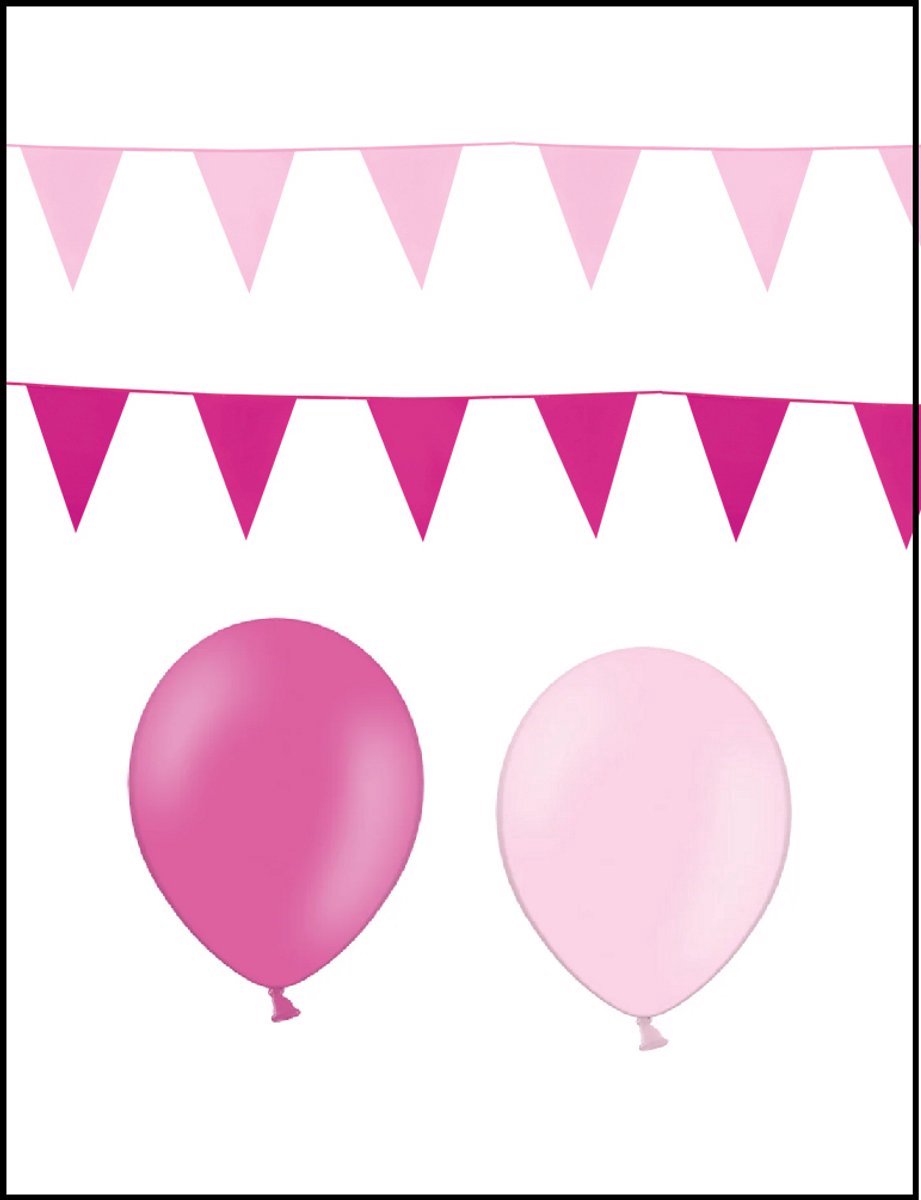 2x Vlaggenlijn roze/pink 10 meter + 20 ballonnen roze/pink - Versiering Slinger Feestdecoratie Decoratie