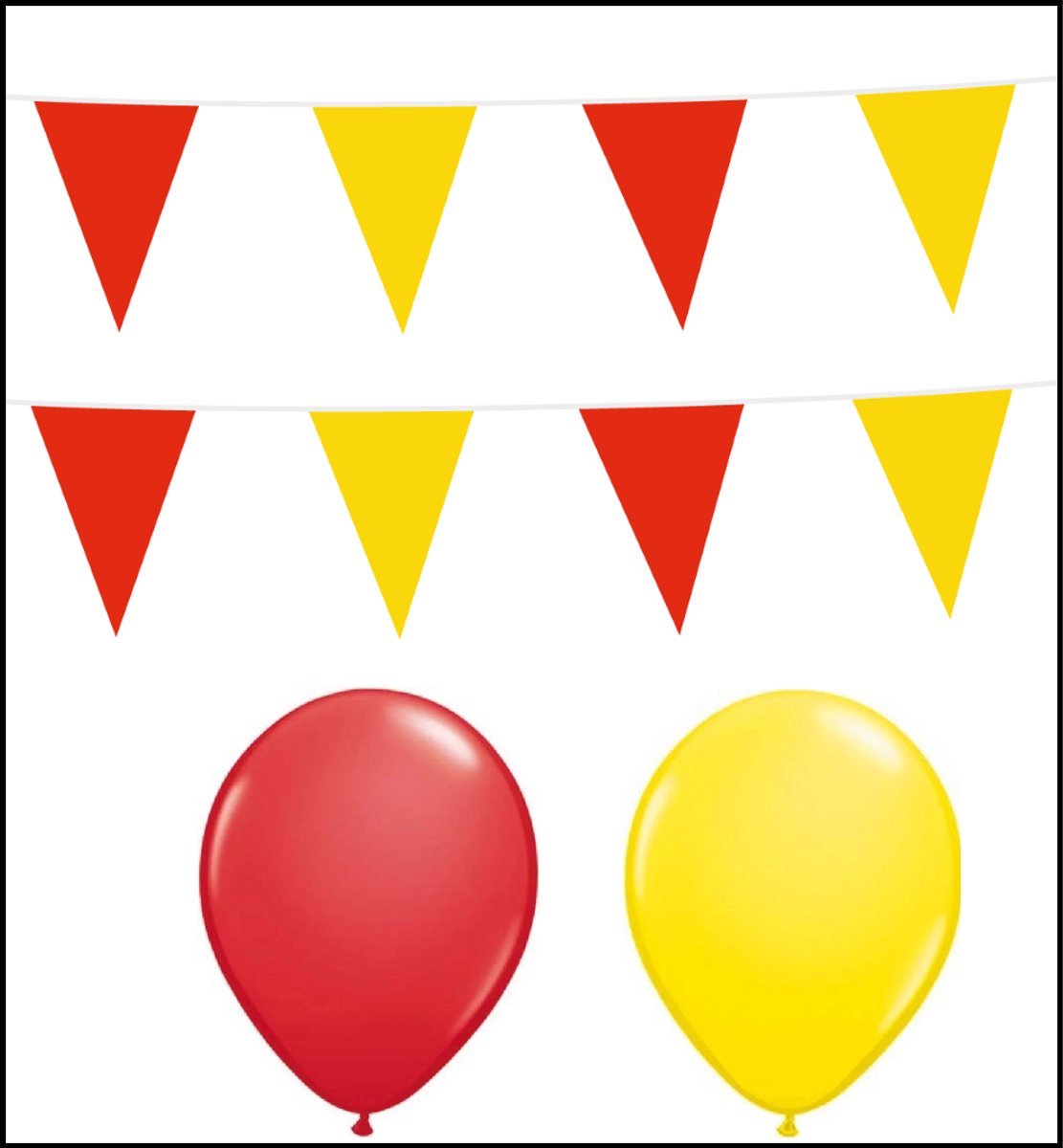 2x Vlaggenlijn rood/geel 10 meter + 20 ballonnen rood/geel - Versiering Slinger Feestdecoratie Decoratie