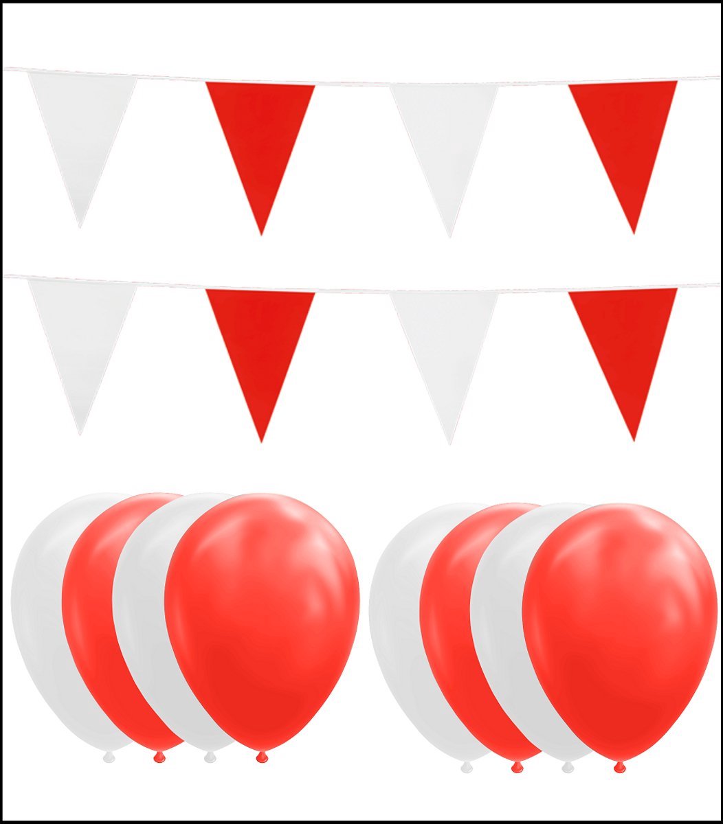 2x Vlaggenlijn rood/wit 10 meter + 20 ballonnen rood/wit - Versiering Slinger Feestdecoratie Decoratie