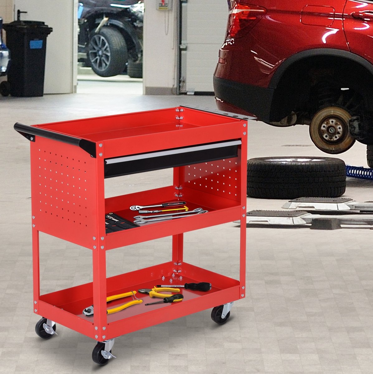 REDOM - Gereedschapskar - 3 etages met uittrekbare lade - 4 wielen met rem en zijgreep - Stalen constructie - Garage of werkplaats - Staal - Rood - 82 x 35 x 76 cm
