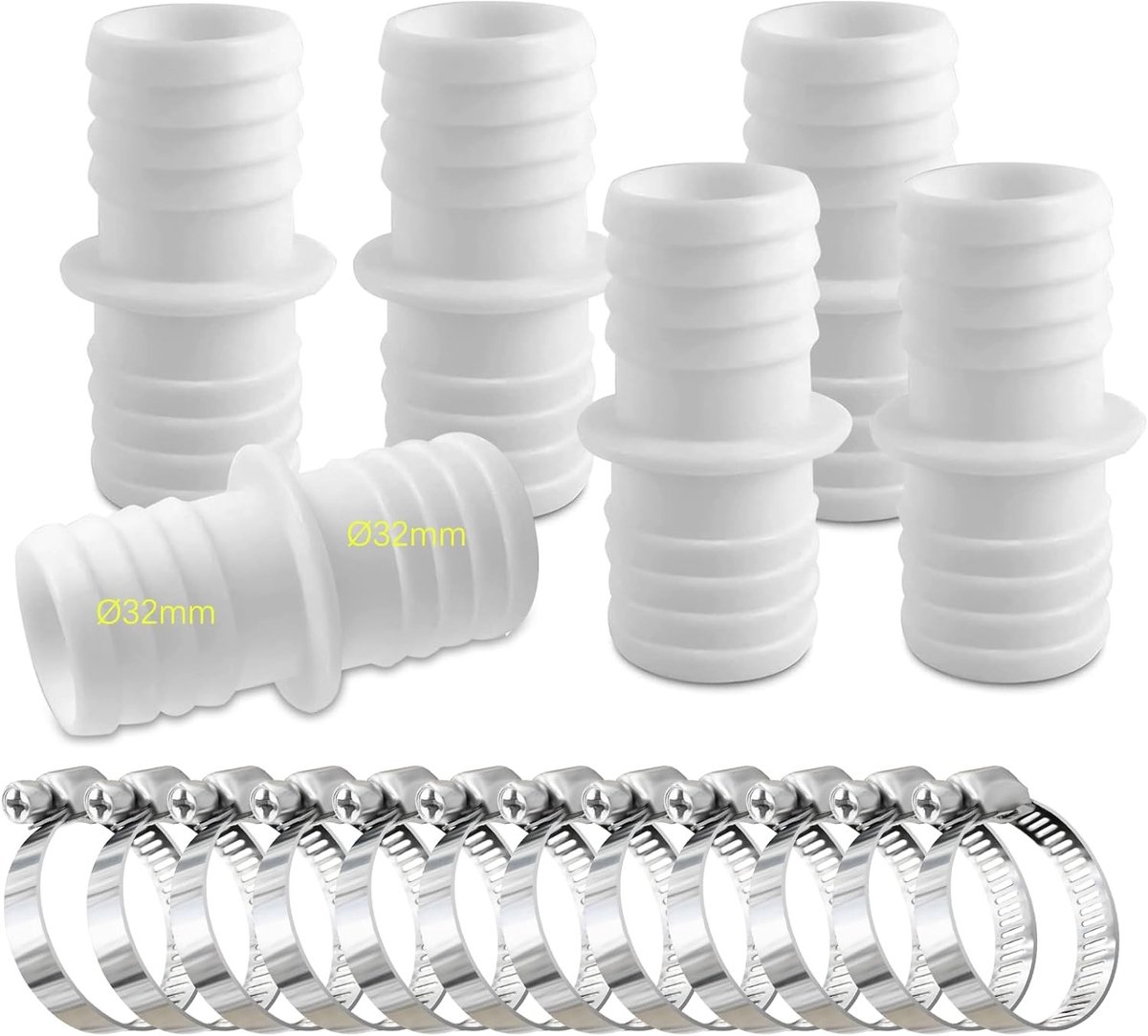 Hose Connector Set van 6 Stuks met 32 mm Adapter en 12 Slangenklemmen voor Zwembadslangen en Dubbele Slanguitgang