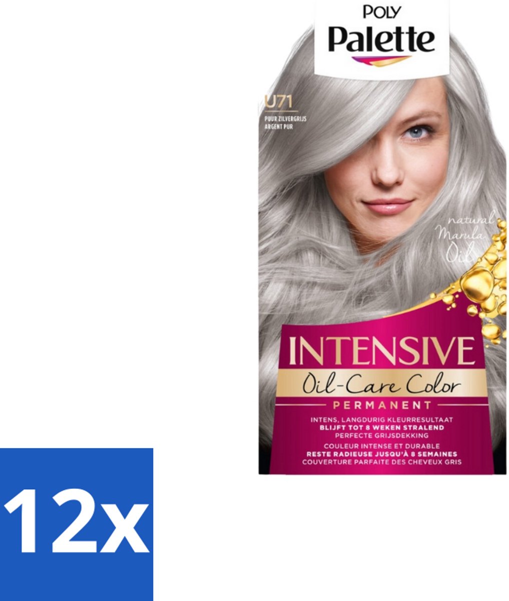 12 x Poly Palette – Haarverf – U71 Puur Zilvergrijs – 115 ml - Grijs Haar Kleuren - Zilvergrijs Haar - Intens Grijs - Zilverreflectie - Haarkleuring