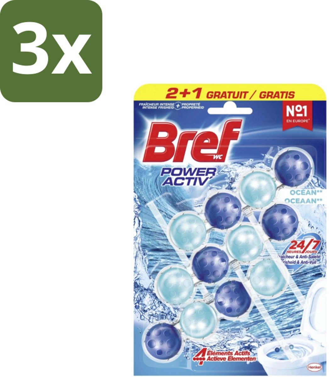 3 x Bref – Toiletblok – Power Aktiv Ocean – Multipack - Toiletblok Multipack - Anti-kalk Toiletblok - Frisse Toiletgeur - Krachtige Reiniging - Ocean Geur