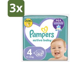 3 x Pampers – Luiers – Active Baby Maat 4 (9-14 kg) – 62 Luiers - Luiers Voor Baby - Droge Luiers - Superabsorberende Luiers - Anti-lek Luiers - Zachte Luiers