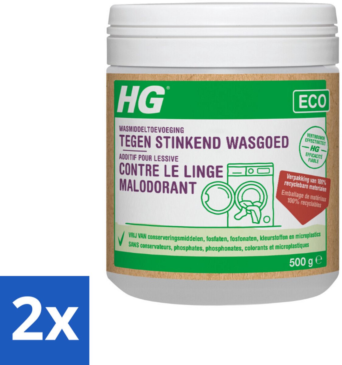 2 x HG Eco Wasmiddeltoevoeging tegen Stinkend Wasgoed 500 gr - Wasmiddel Toevoeging - Wasverzachter - Stinkend Wasgoed - Wasgeur - Ecologisch Wasmiddel