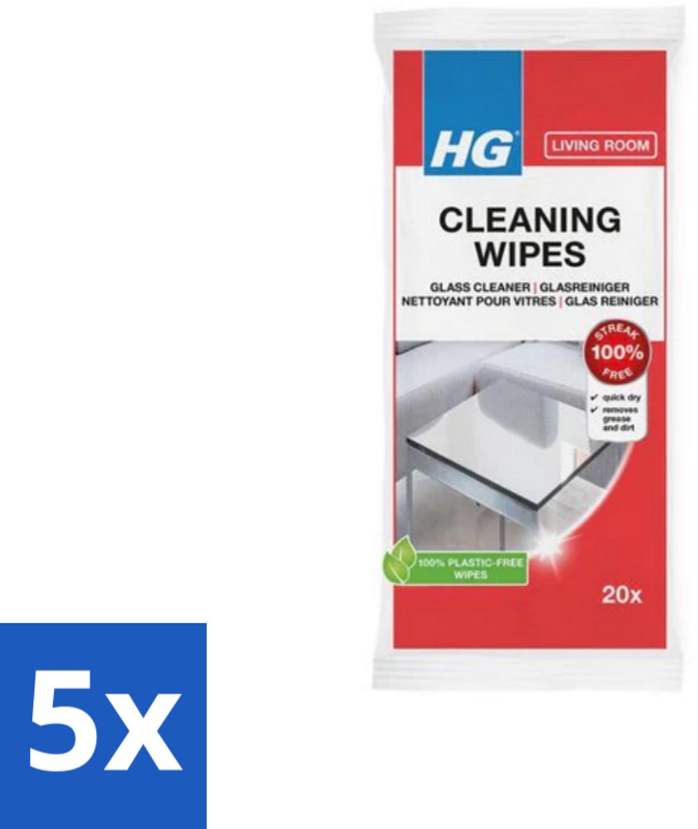 5 x HG - Woonkamer - Glasreinigingsdoekjes - Reinigt Streeploos - 20 Doekjes - Glas Reinigen - Spiegel Reinigen - Streeploos Schoonmaken - Vet En Vuil Verwijderen - Glasdoekjes