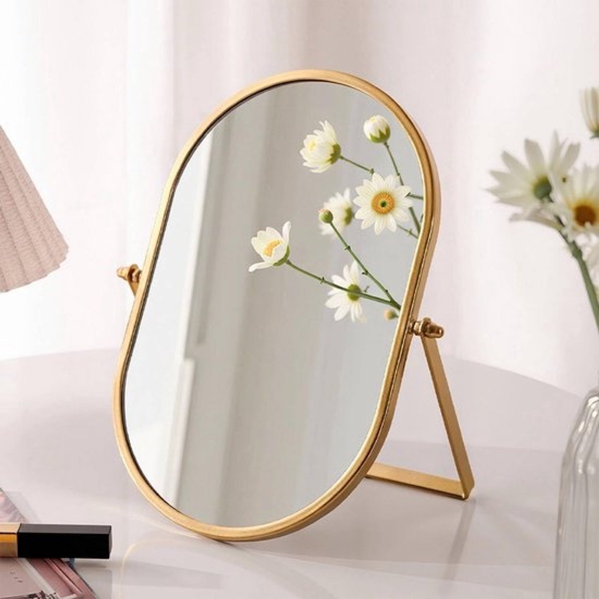 Dailygoods- Make-upspiegel met verstelbare hellingshoek - Ovaal - Draagbaar - Inklapbaar - Hoogglans - Metalen standaard - Tafelspiegel