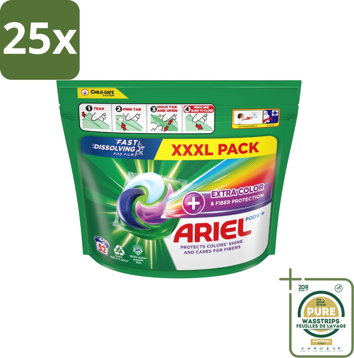 25 x Ariel – Waspods – Fiber Protection – 52 wasbeurten - Grootverpakking - Vezelbescherming - Wasmiddel Pods - Kleding Reinigen - Kleur Beschermen - Wasmiddel Voor Kleding