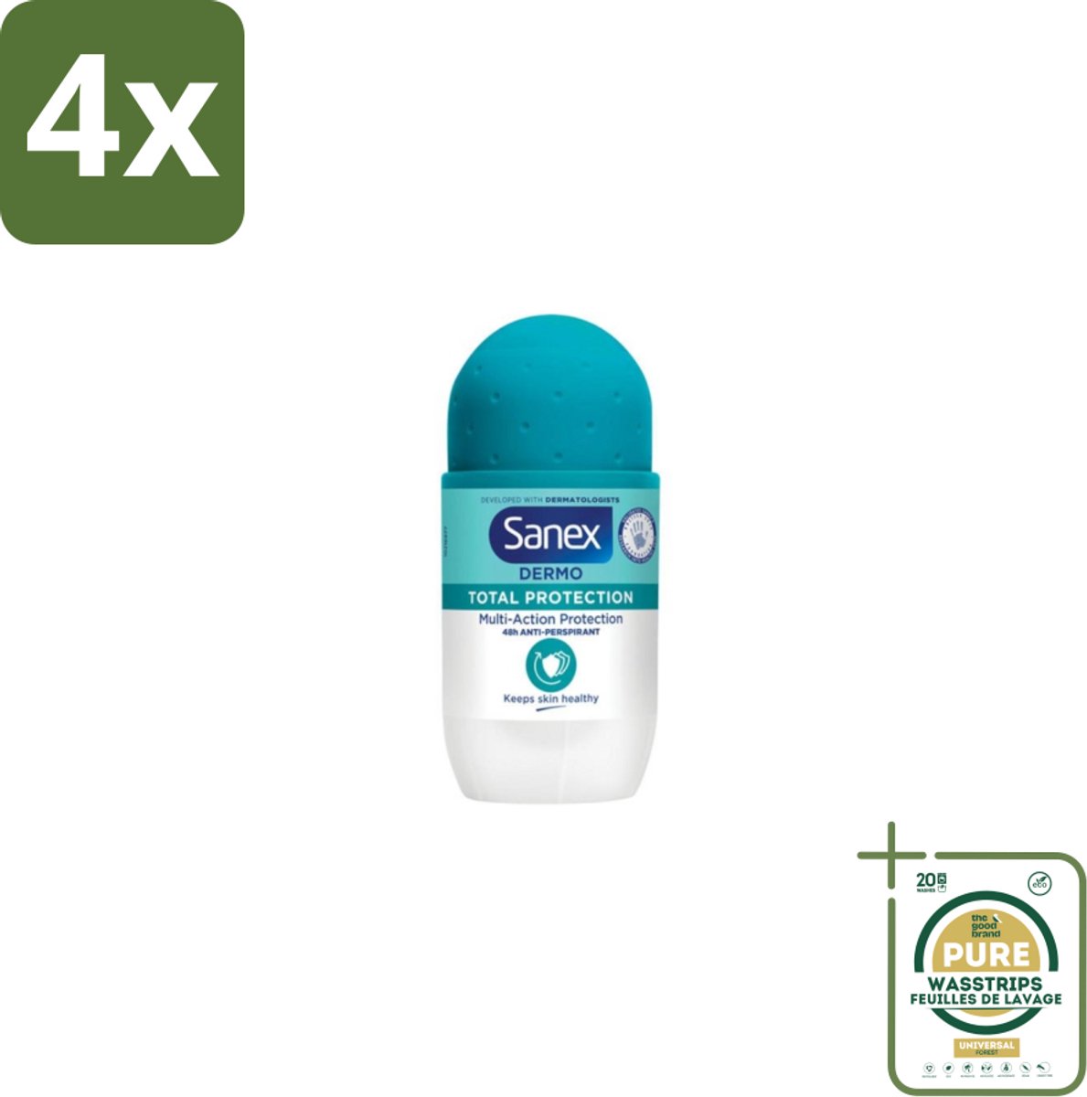 Sanex – Deodorant Roll-On – Dermo Total Protection – 50 ml - Voordeelverpakking - 4 stuks - Zweetvermindering - Geurvermindering