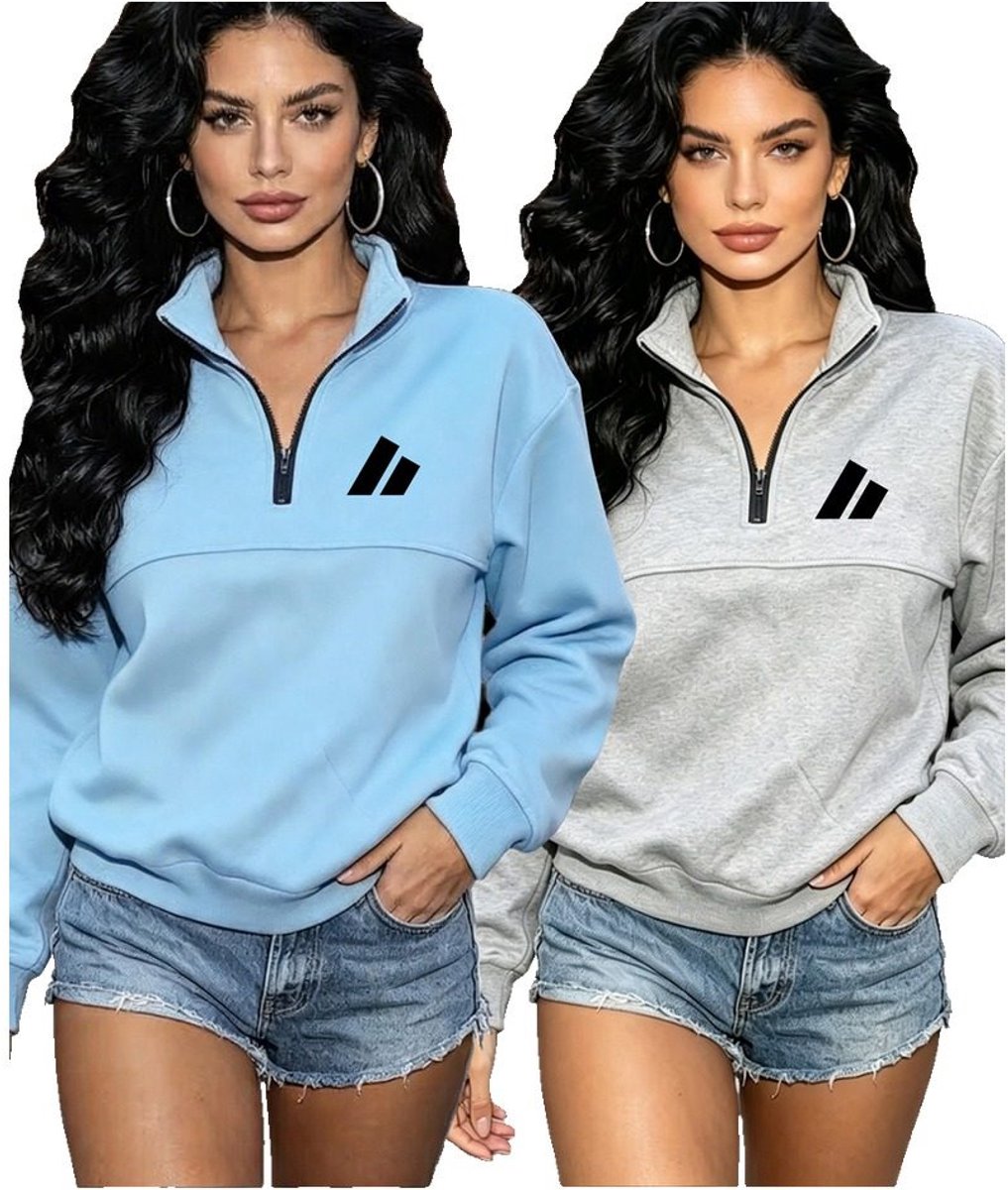 Currero Quarter Zip Dames Sweater Met Rits Jumper Quarterzip Hoodie Warme Trui Vest Lang Coltrui + Lichtgrijs Blauw