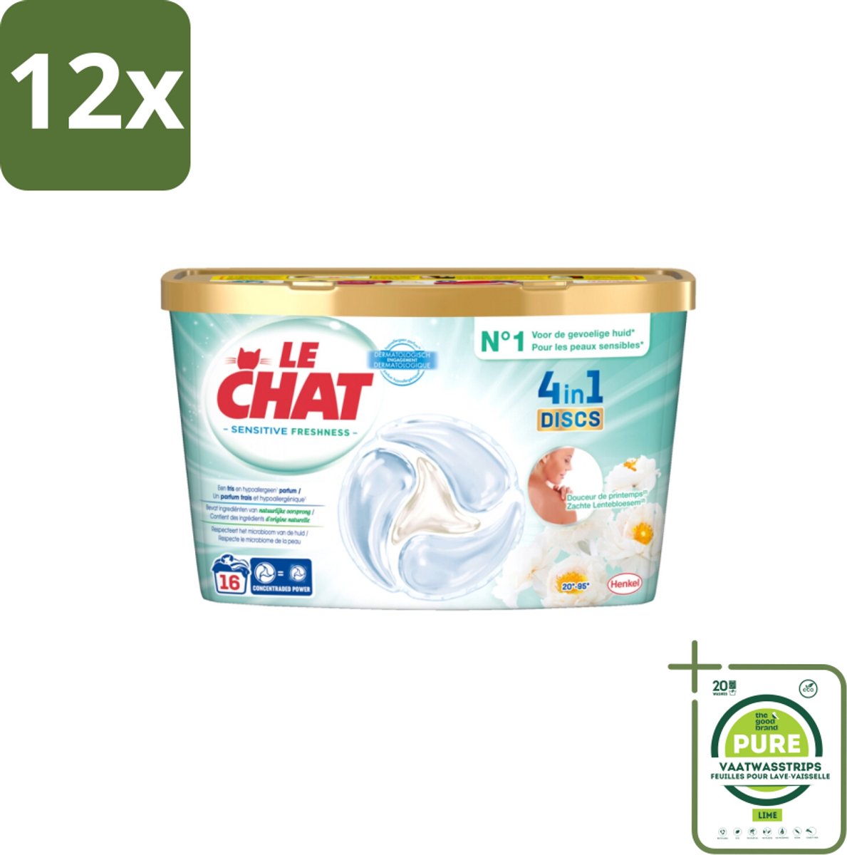 Le Chat – Wascapsules – Sensitive Zachte Lentebloesem – 16 wasbeurten - Voordeelverpakking - 12 stuks - Wascapsules - Gevoelige huid