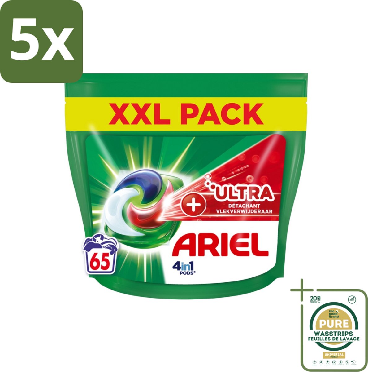 5 x Ariel – 4in1 Pods – Ultra Vlekverwijderaar – 65 wasbeurten - Grootverpakking - Vlekverwijderaar Wasmiddel - Krachtige Waspods - Ariel 4in1 Pods - Ultra Vlekverwijdering - Ingedroogde Vlekken