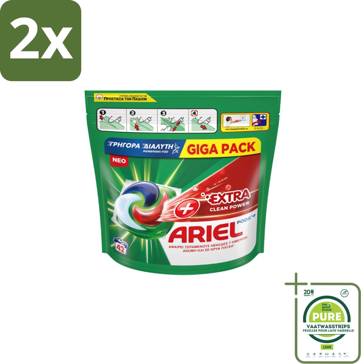 Ariel – Pods – Clean Power Extra Schoon – 42 wasbeurten - Voordeelverpakking - 2 stuks - Ariel Clean Power Pods - Extra schoon pods