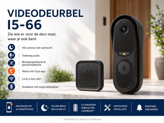 Zwarte draadloze videodeurbel 15-66 met binnenbel, HD-camera, nachtzicht, tweeweg audio en bewegingsdetectie.