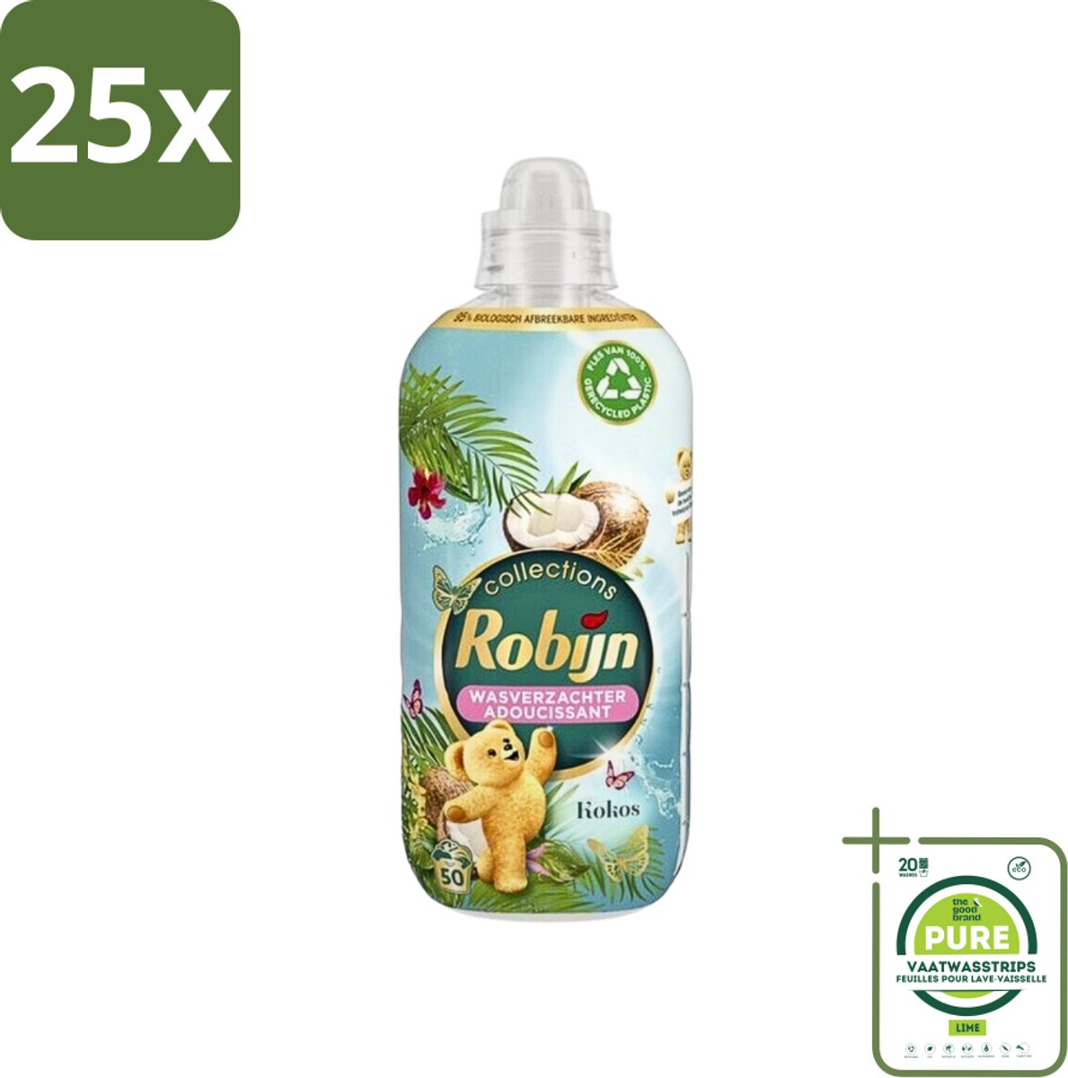 25 x Robijn Collections - Wasverzachter - Kokos - 1,25L - 50 Wasbeurten - Grootverpakking - Wasverzachter - Kokosgeur - Zachte Was - Frisse Was - Wasverzachter 1.25L