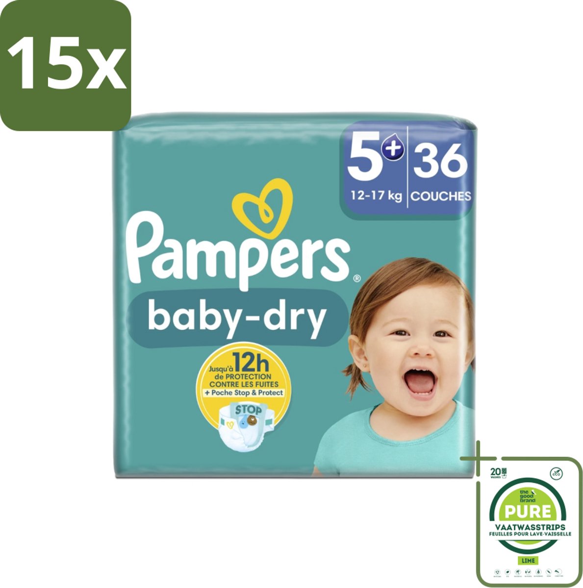 15 x Pampers – Luiers – Baby-Dry Maat 5+ (12-17 kg) – 36 Luiers - Grootverpakking - Baby-luiers - Droge Huid - Droge Luiers - Baby Droogheid - Droge Luier