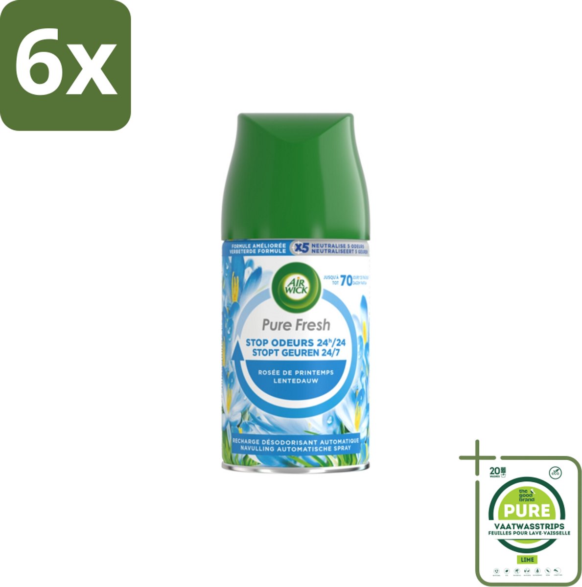 Air Wick Freshmatic Automatische Spray Luchtverfrisser Navulling Pure Fresh Lentedauw 250 ml - Voordeelverpakking - 6 stuks - Lentedauw - Geur