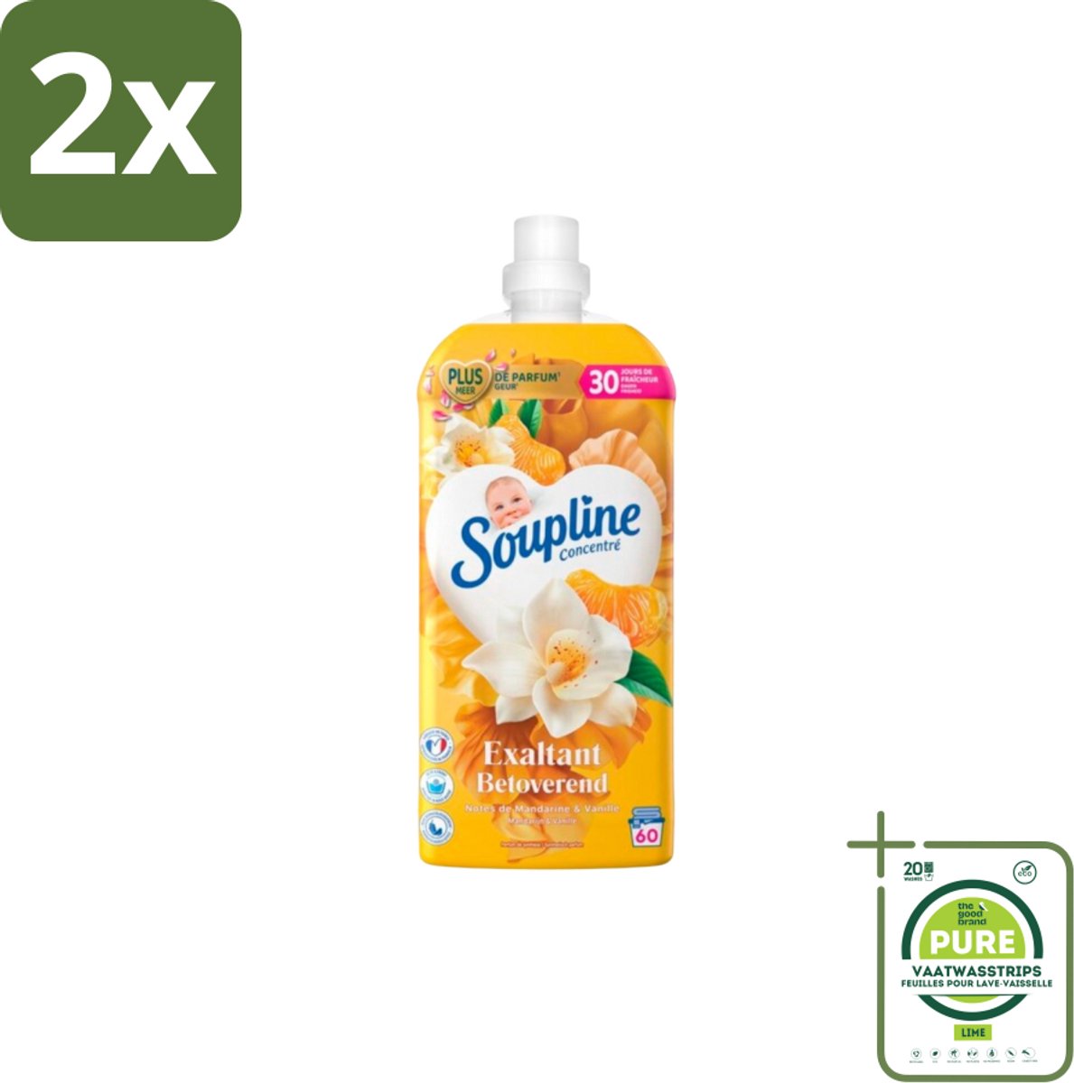 Soupline – Wasverzachter – Betoverend Mandarijn & Vanille – 1,28 L - Voordeelverpakking - 2 stuks - Wasverzachter - Wasverzachter mandarijn en vanille
