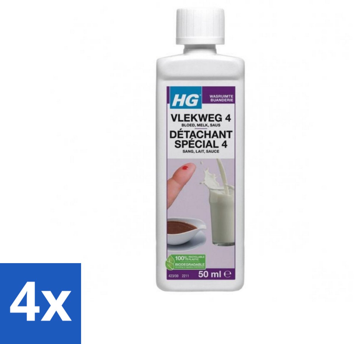4 x HG - Wasruimte - Vlekweg 4 - Bloed, Melk, Saus - 50 ml - Vlekkenverwijderaar - Vlekkenreiniger - Bloedvlekken - Melk Vlekken - Sausvlekken