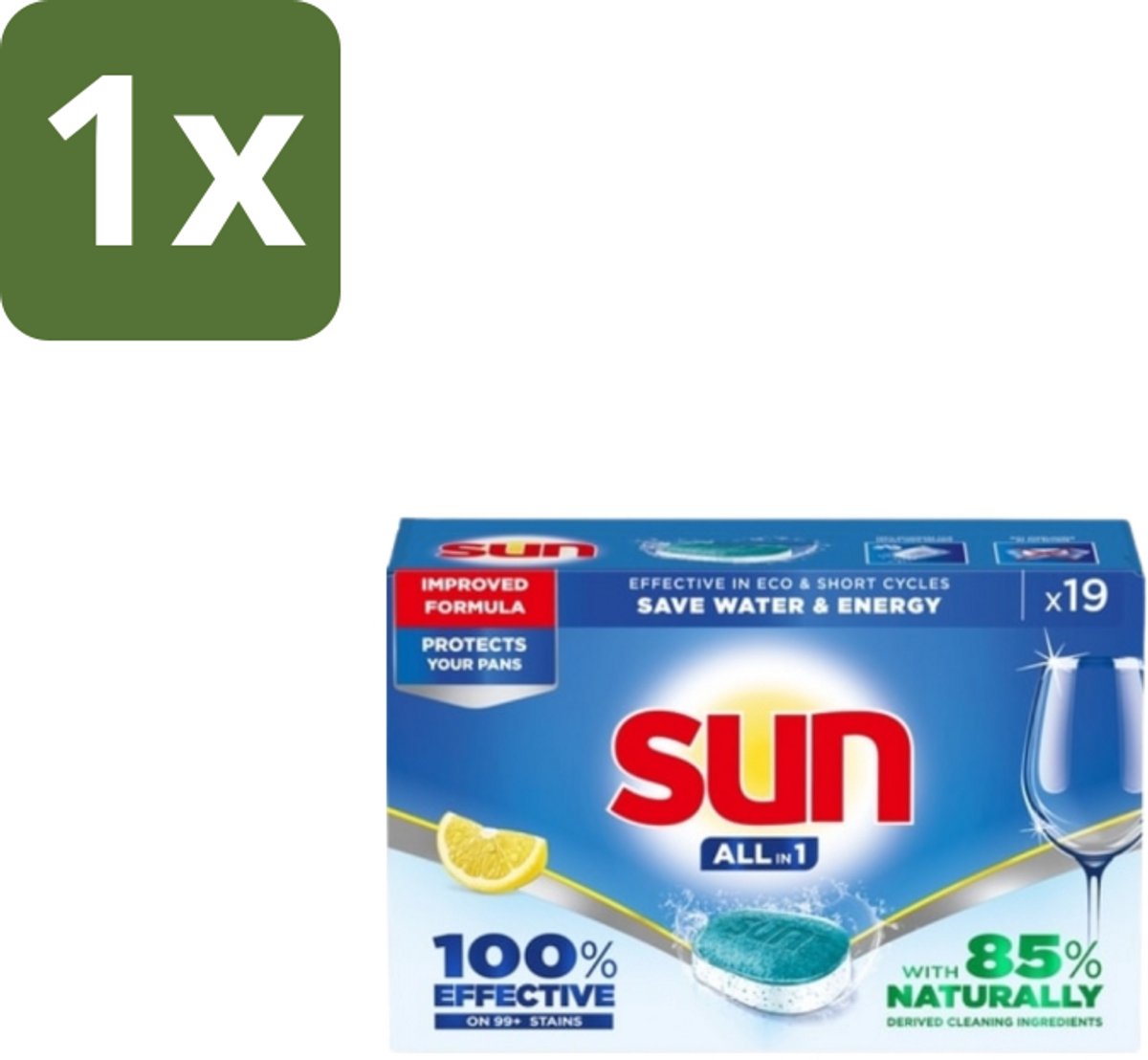 1 x Sun – Vaatwastabletten – All-in-1 Citroen – 19 tabletten - Vaatwastabletten - Citroen - Reiniging - Schone Vaat - Glans