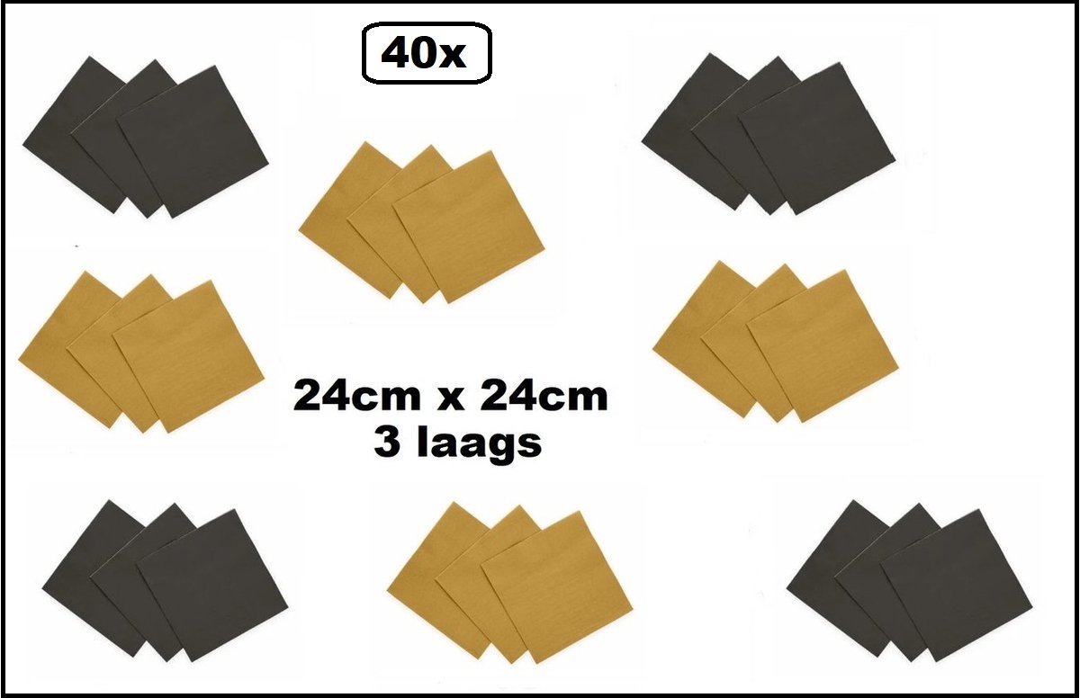 40x Servetten goud en zwart 24cm x 24cm - 3 laags - Black and gold party Cocktail servet diner eten knoeien restaurant BBQ thema feest verjaardag feest