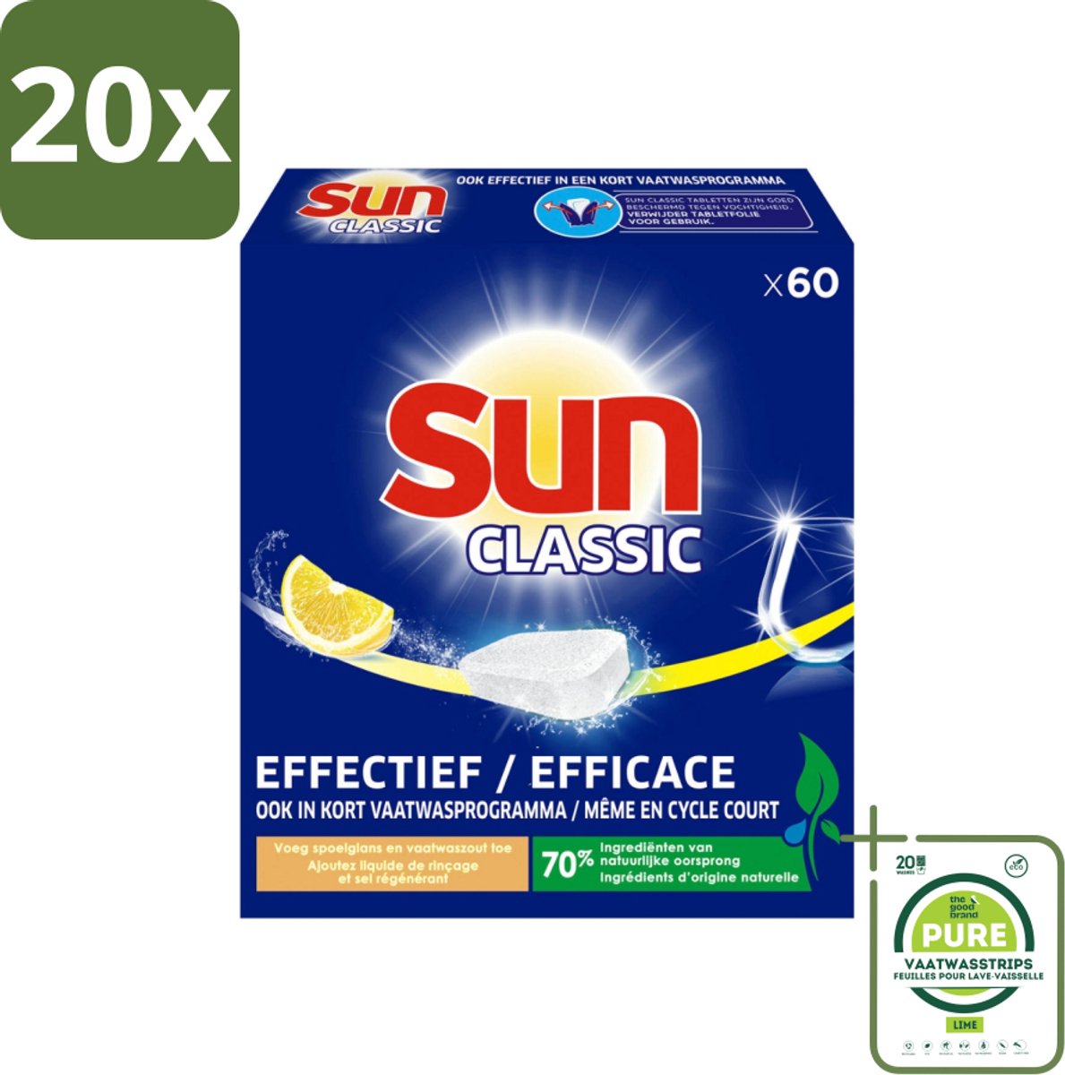 20 x Sun Classic - Vaatwastabletten - Voordeelverpakking - Citroen - 60 Tabletten - Grootverpakking - Vaatwastabletten - Citroen - Vaatwasser - Schoonmaakmiddelen - Fosfaatvrij