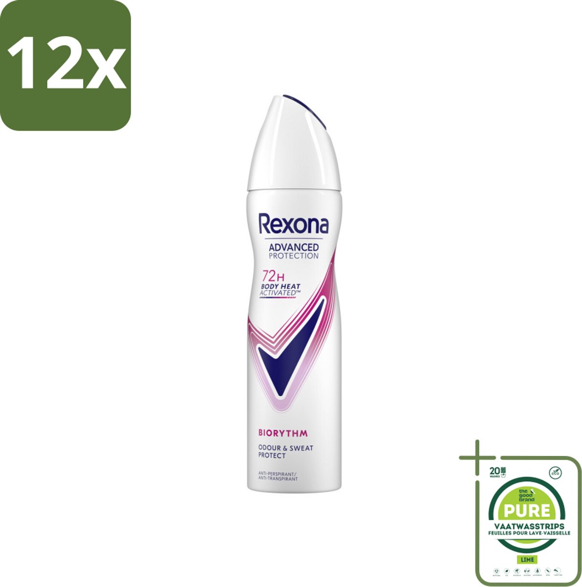 Rexona - Deodorant Spray - Advanced Protection - Biorythm - Anti-Transpirant & Perspirant - 150ml - Voordeelverpakking - 12 stuks - 72 uur bescherming - Anti-transpirant
