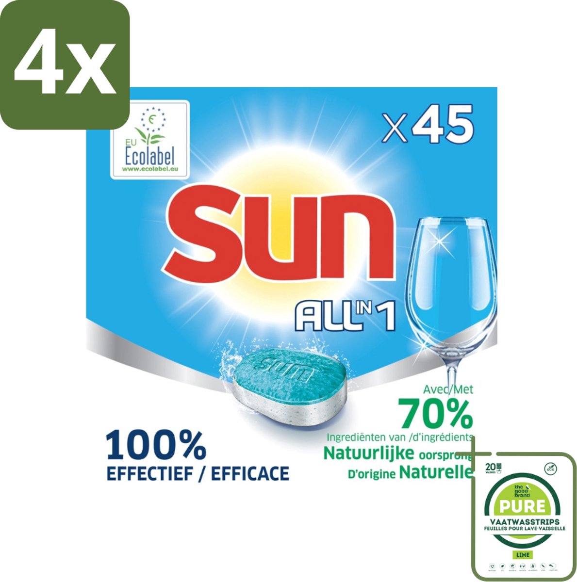Sun All-in One - Ecolabel - Vaatwastabletten - 45 Tabletten - Voordeelverpakking - 4 stuks - Vaatwastabletten - Vaatwasser