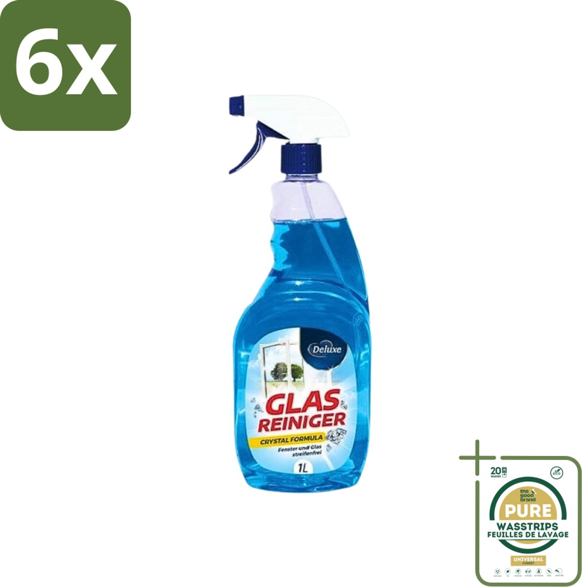 Deluxe - Glasreiniger - Crystal Formule - Streeploze Glans - 1L - Voordeelverpakking - 6 stuks - Spiegels schoonmaken - Streeploos glans
