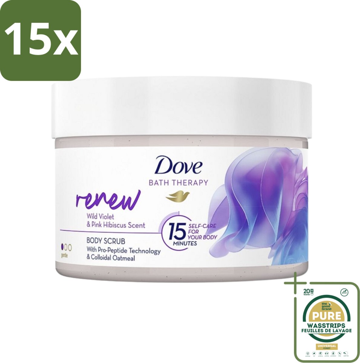15 x Dove Bath Therapy Renew - Bodyscrub - Wilde Viooltjes & Roze Hibiscus - 295 ml - Grootverpakking - Huidvernieuwing - Huidscrub - Exfoliatie - Zachte Huid - Huidverzorging