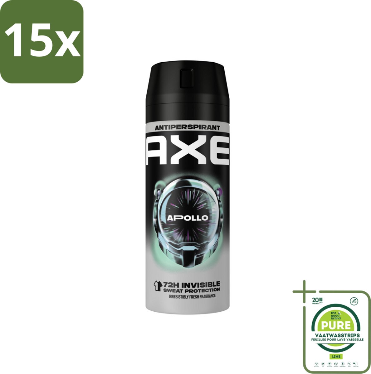 15 x Axe - Deodorant Spray - 72hrs Anti Sweat - Apollo - 150 ml - Grootverpakking - Anti-transpirant - Deodorant - Axe Apollo - 72 Uur Bescherming - Groen Fruit