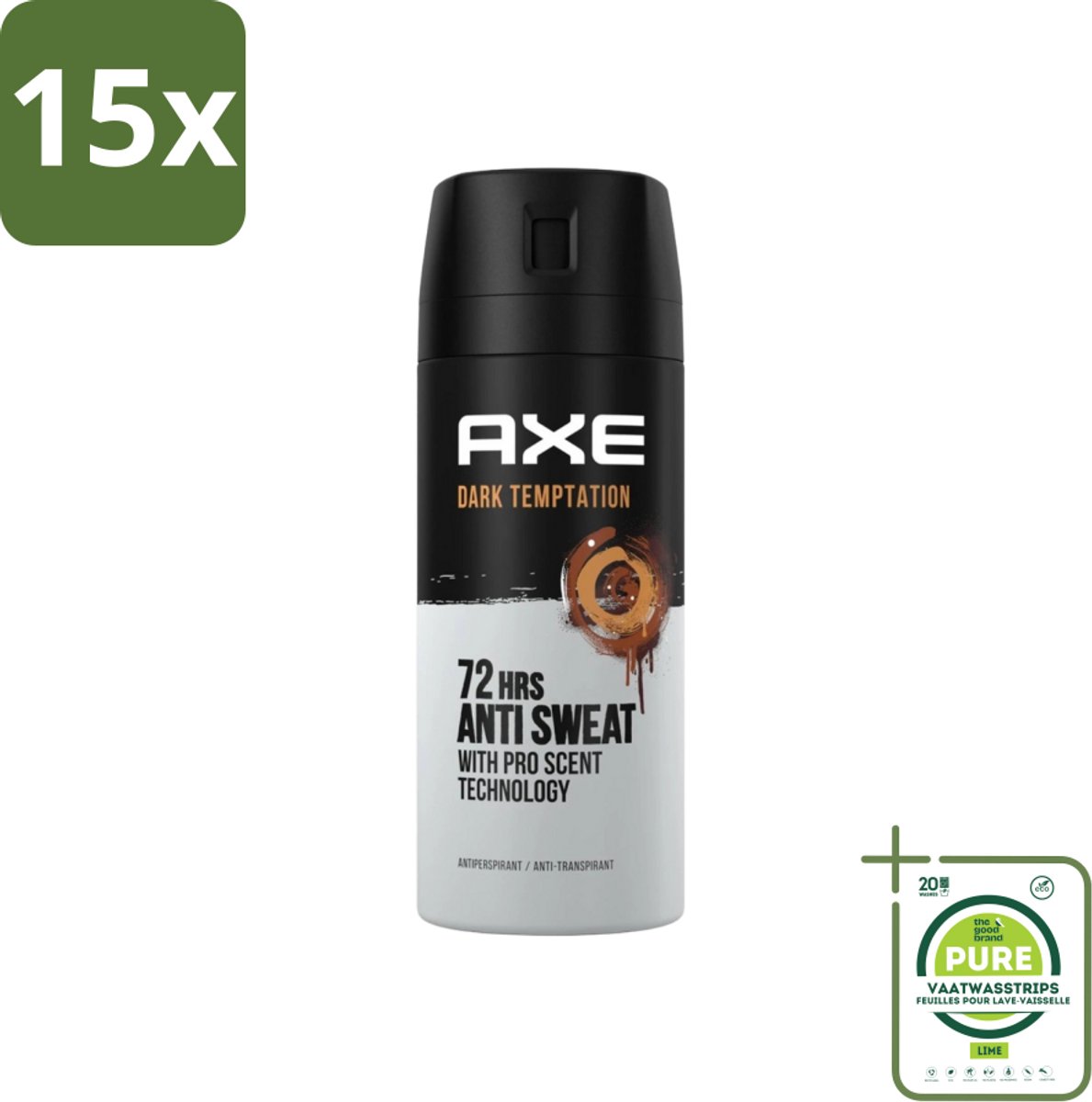 15 x Axe - Deodorant Spray - 72hrs Anti Sweat - Dark Temptation - 150 ml - Grootverpakking - Anti-transpirant - Deodorant - Axe Dark Temptation - Chocolade Geur - Kruiden Geur