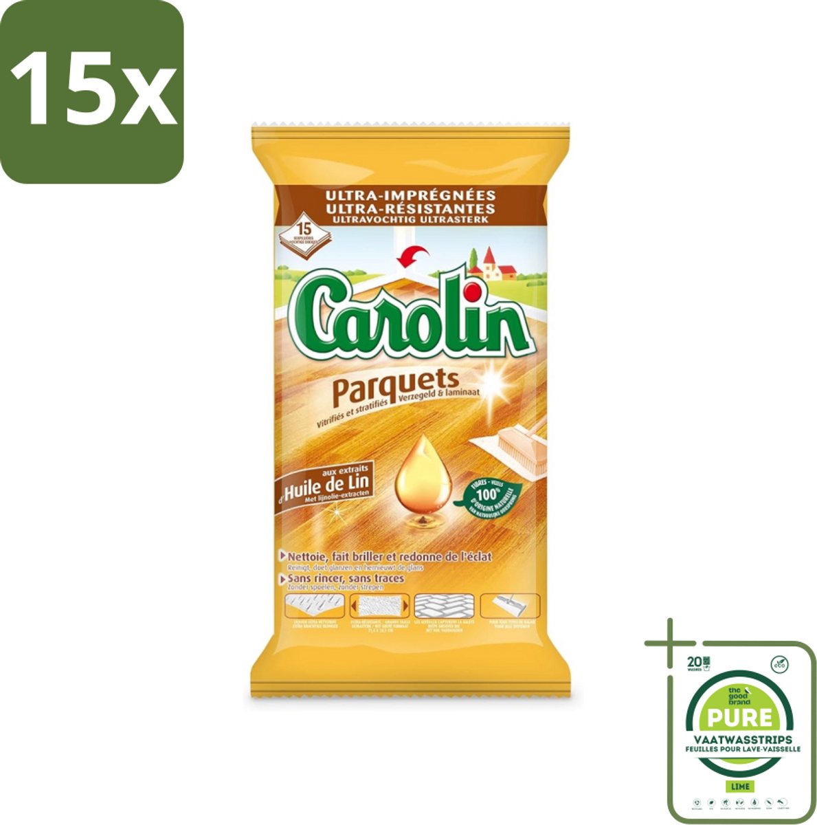 15 x Carolin - Parket Vloerdoekjes - Schoonmaakdoek - Met Lijnolie - 15 Doekjes - Grootverpakking - Parketvloer Schoonmaken - Parketonderhoud - Vloerdoekjes - Lijnolie - Parketglans