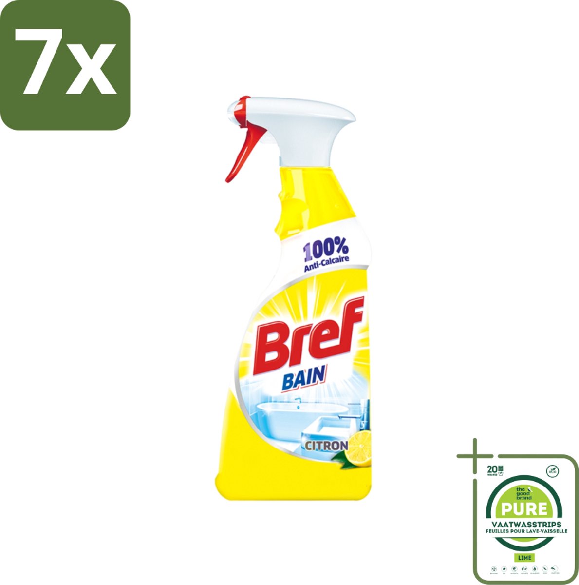 7 x Bref - Badkamerreiniger - Spray - Anti-Kalk - Citroen - 750 ml - Grootverpakking - Badkamerreiniger - Badkamerspray - Kalkverwijderaar - Schoonmaakspray - Citroenreiniger