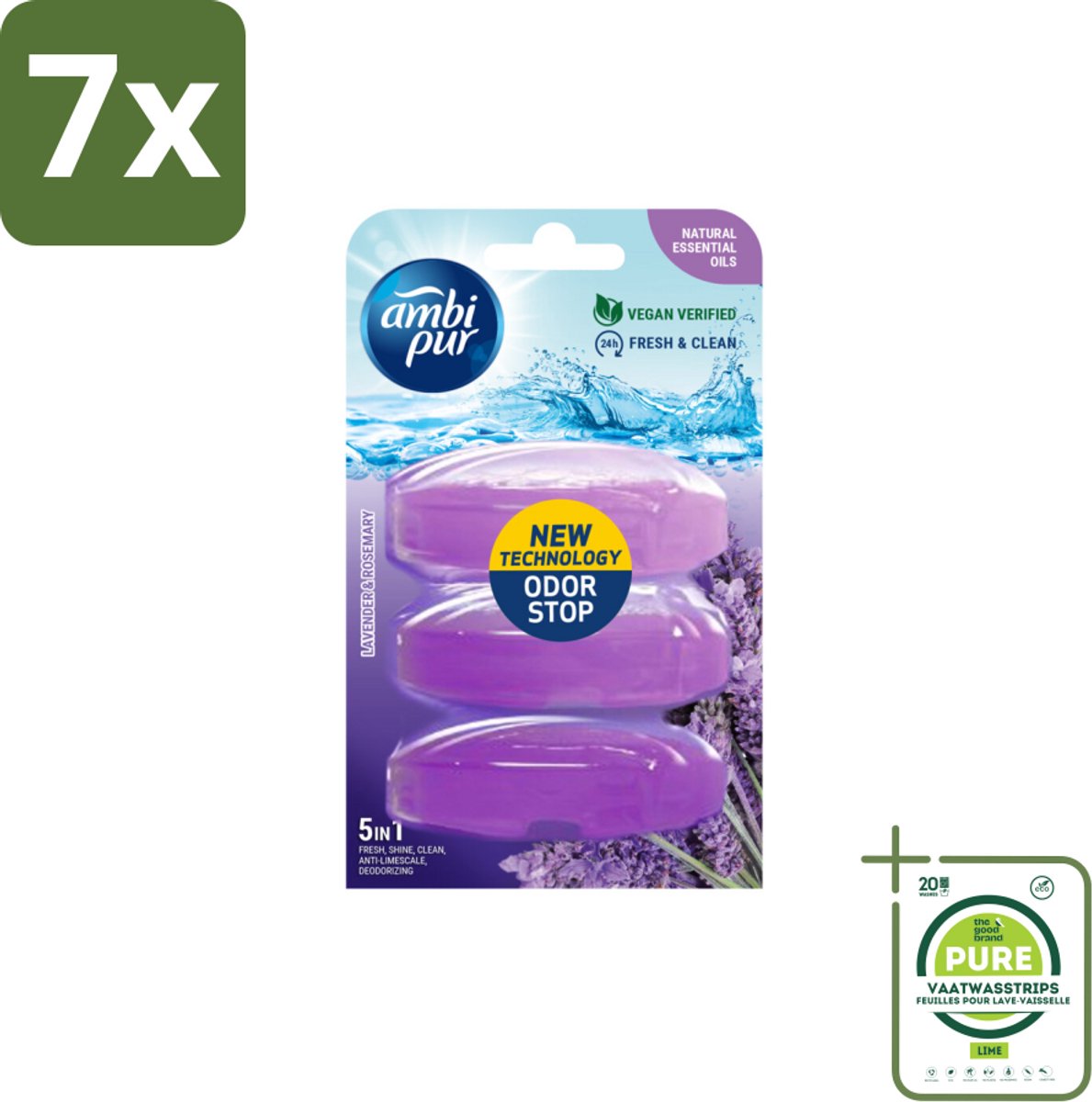 7 x Ambi Pur Toiletblok Navulling Lavendel & Rozemarijn 3 stuks per verpakking - Grootverpakking - Toiletblok - Toiletvulling - Lavendelgeur - Rozemarijn - Frisse Geur
