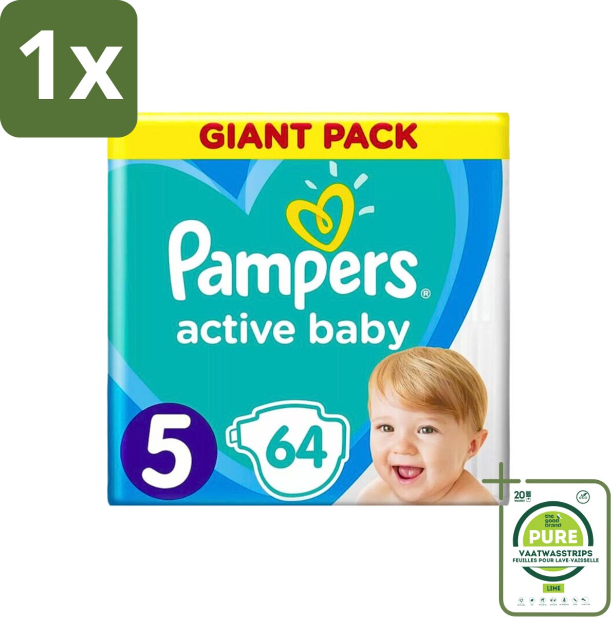 1 x Pampers - Active Baby - Luiers - Maat 5 (11-16 kg) - Zachte Pasvorm - 64 Luiers - Pampers Active Baby - Luiers Maat 5 - Babyluiers - Zachte Pasvorm - Luchtdoorlatende Luiers