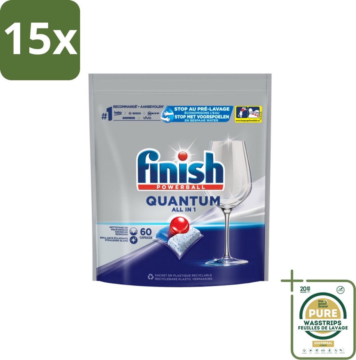 15 x Finish – Vaatwastabletten – Quantum All-in-1 – 60 Capsules - Grootverpakking - Vaatwastabletten - Vaatwassen - Reiniging - Glans - Vet Verwijderen