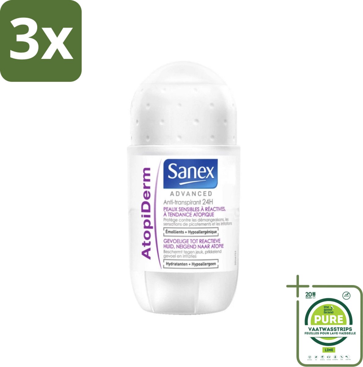3 x Sanex Advanced - Gevoelig - Deodorant Roller - 24h Anti-Transpirant - Geavanceerd Atopiderm - 50 ml - Grootverpakking - Sanex Deodorant - Deodorant Gevoelige Huid - 24 Uur Bescherming - Atopiderm - Deodorant Roll-on