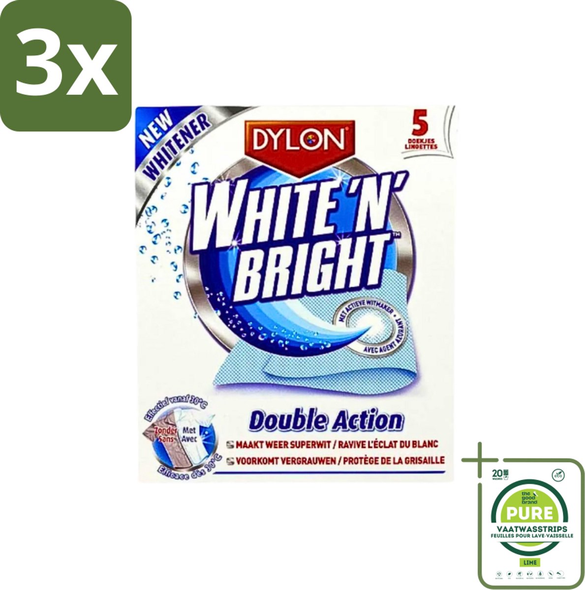 3 x Dylon - Vlekverwijderaar - White & Bright - Superwit & Vlekkeloos - 5 Doekjes - Grootverpakking - Vlekkenverwijderaar - Witwas - Superwit - Wasmiddel - Vlekken