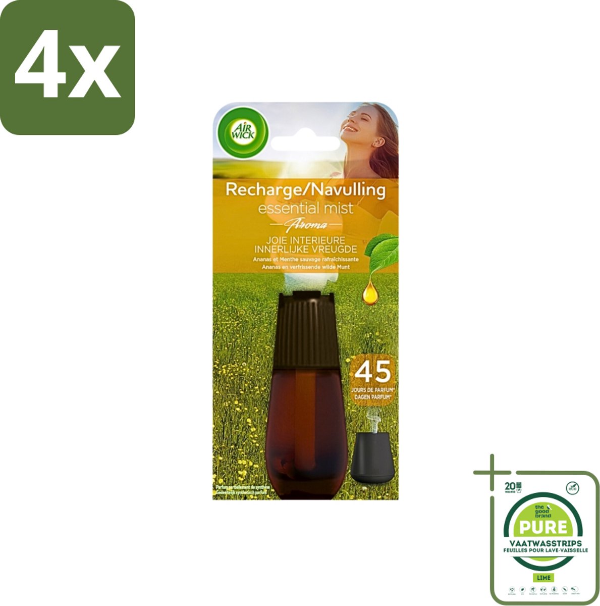 Air Wick Essential Mist - Navulling - Happiness - Ananas & Wilde Munt - 20ml - Voordeelverpakking - 4 stuks - Air Wick - Geurverspreider