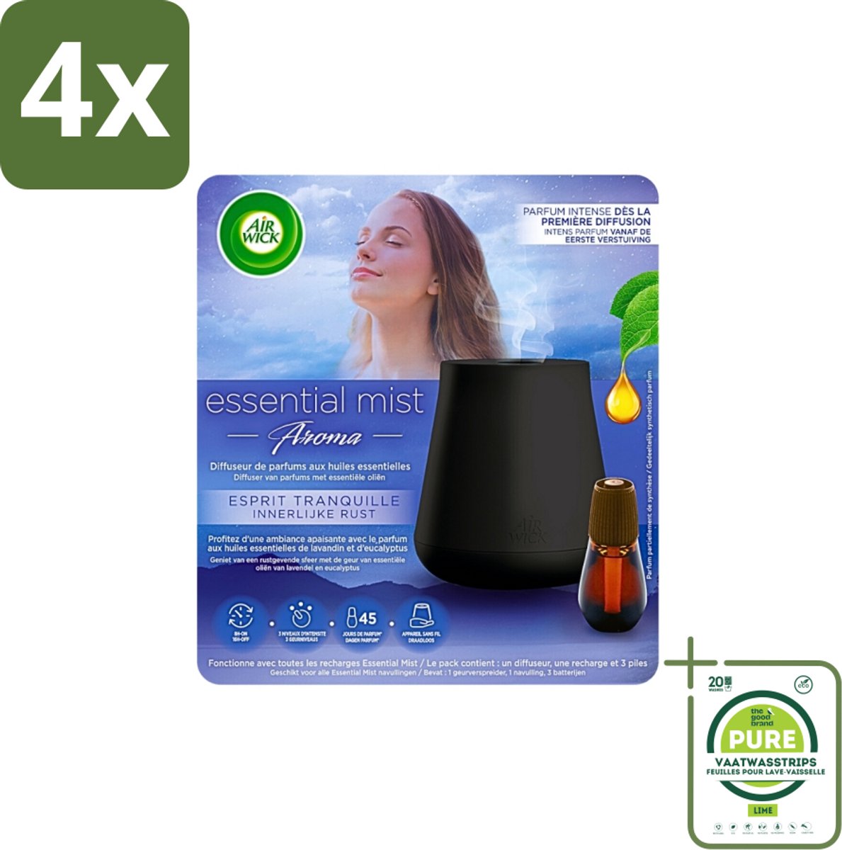 Air Wick Essential Mist - Automatische Luchtverfrisser Kit - Innerlijke Rust - Eucalyptus & Lavendel - Voordeelverpakking - 4 stuks - Luchtverfrisser - Aromatherapie